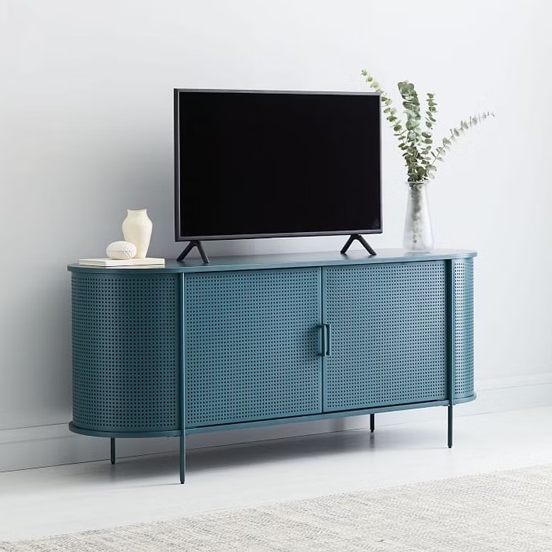 metallic blue coloured television stand, console table, living room, vase placed on table, television