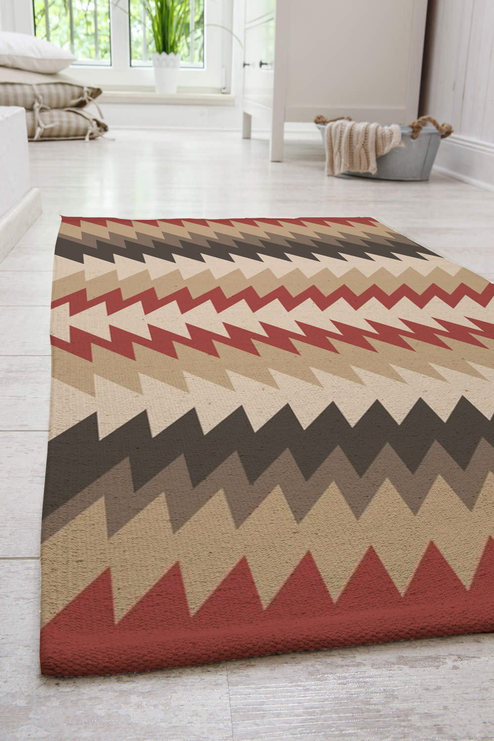 printed cotton carpet, installed in your home space, red, black and beige prints on carpet, outdoor rugs for decks