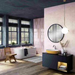 modern bathroom design ideas for small master bathrooms with tiles pink bathroom with a yellow sink, cabinet and a bathtub