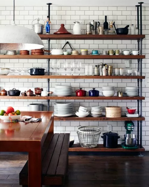 floor to ceiling open shelving in the kitchen, wooden shelves, wood flooring, kitchen decor