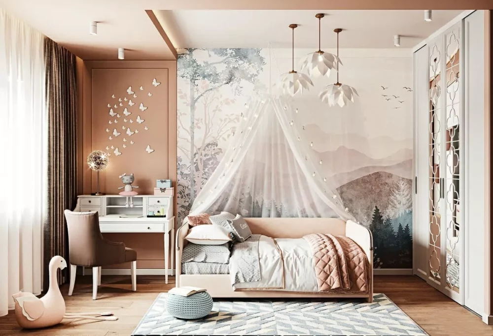 Pastel coloured kid's room with a floral chandelier, study table and a single bed