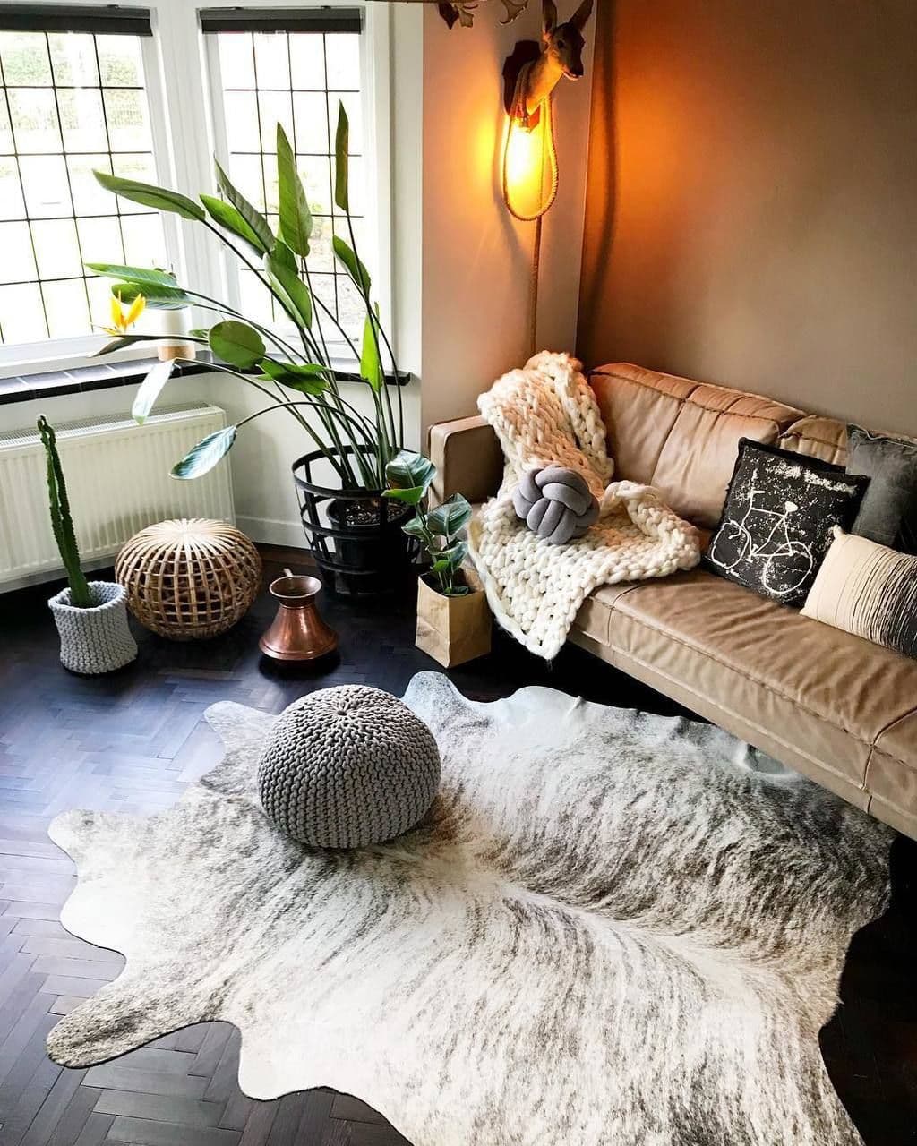 modern country chic style room, unshaped hair on hide carpet, planter beside the sofa, warm wall light