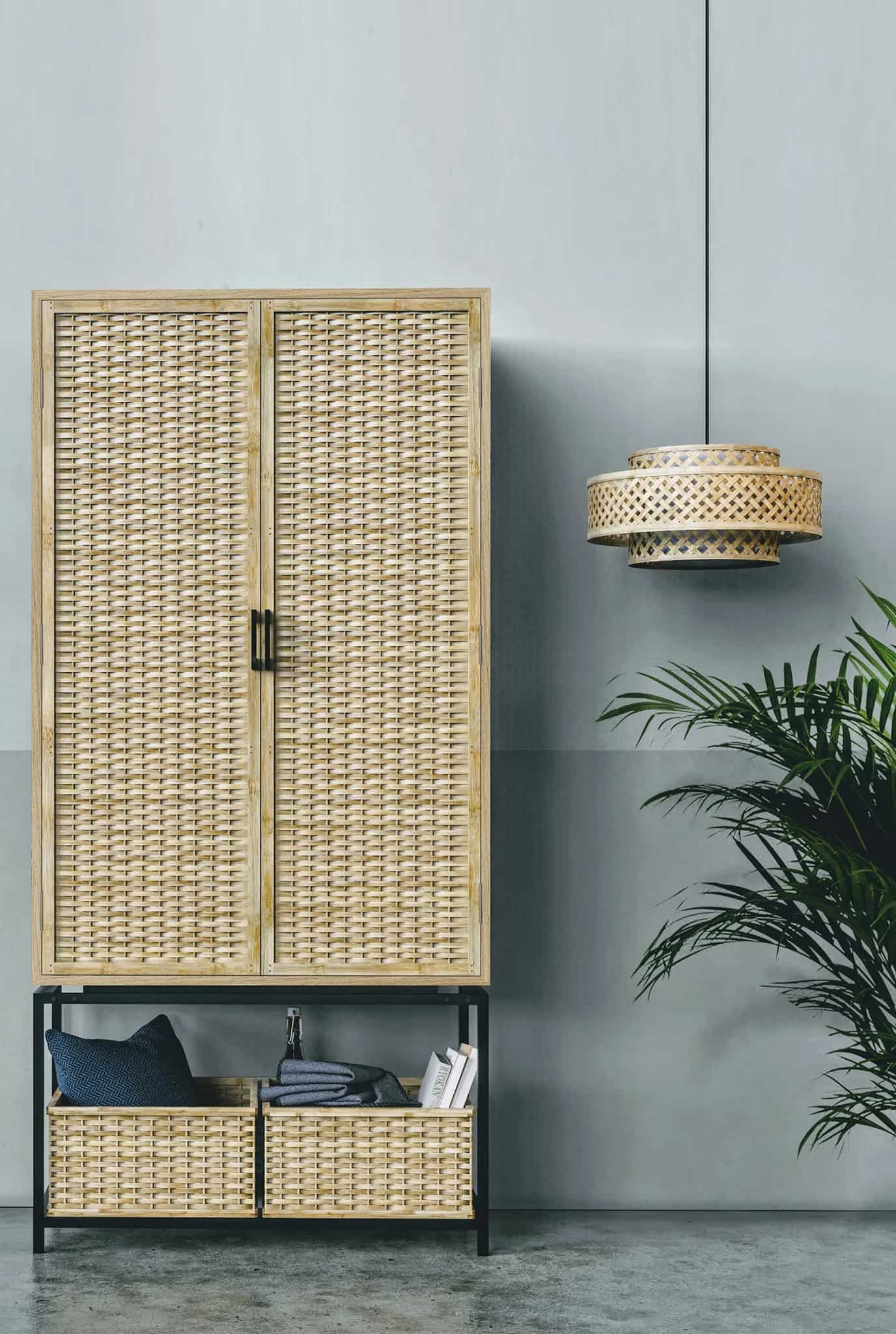 beige coloured wardrobe, rustic wardrobe, planter placed beside