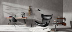 black modern leather chair, placed in classic living room, accent black metal lamp, chair placed on rug