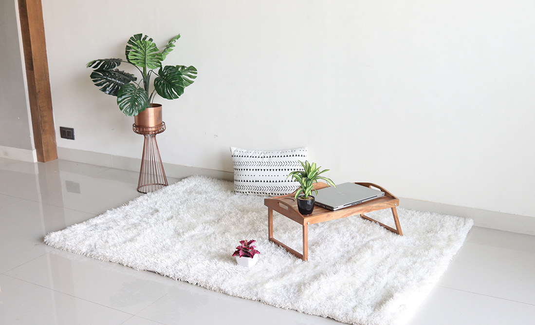 all white living room, white shaggy 6x4 area rug, small wooden table placed on it, indoor planter besides
