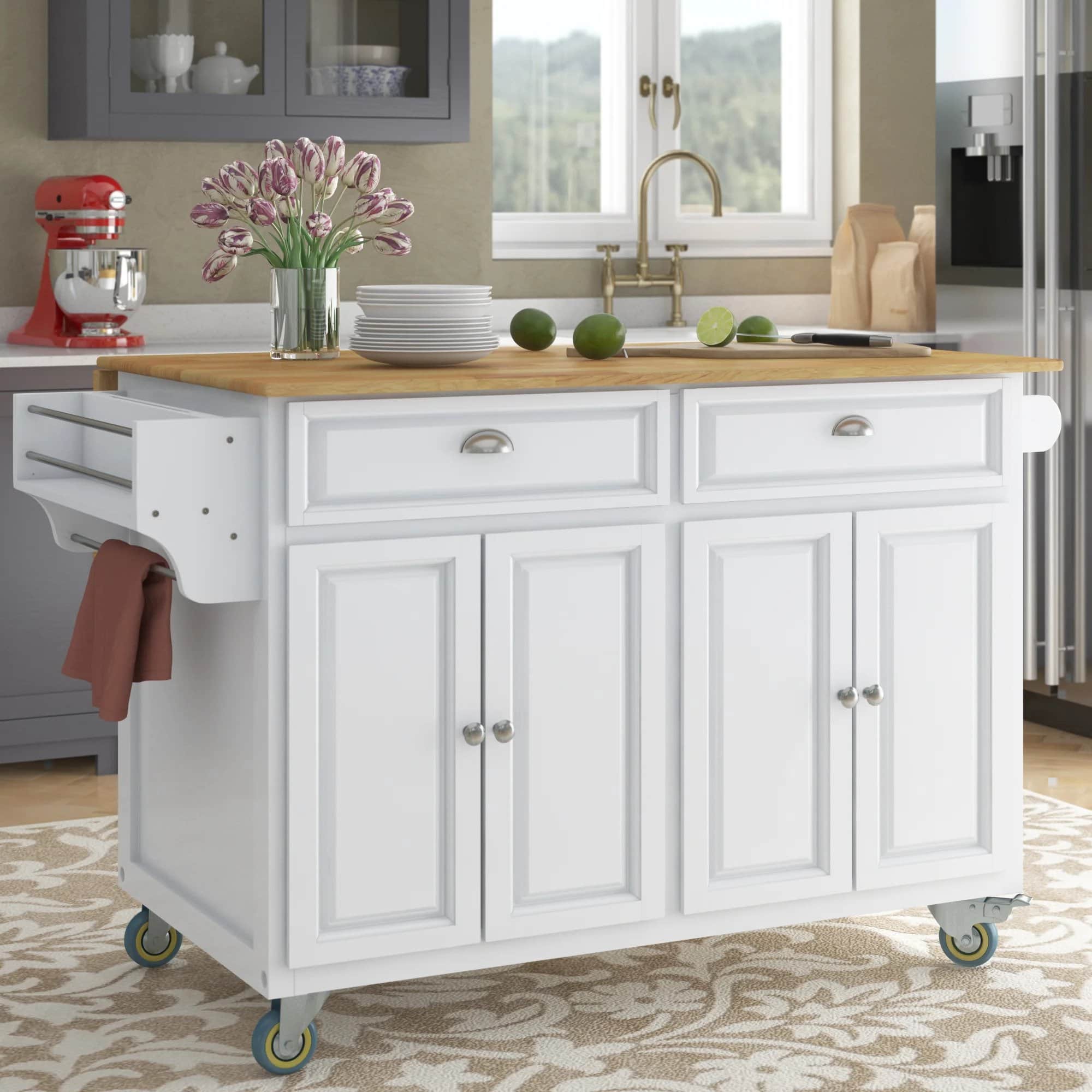 Gorgeous kitchen island on wheels, acts as a furniture for kitchen. storage, white coloured island, faucets