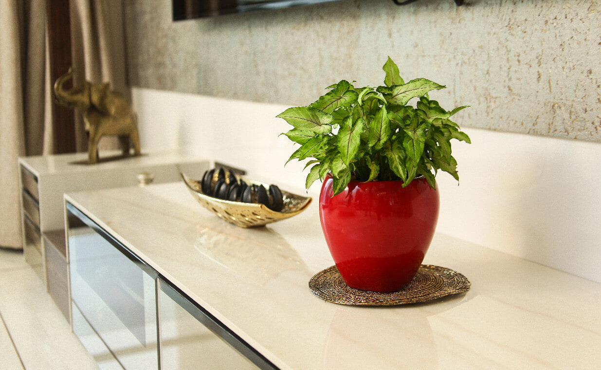 small decor piece in living room, pot, red