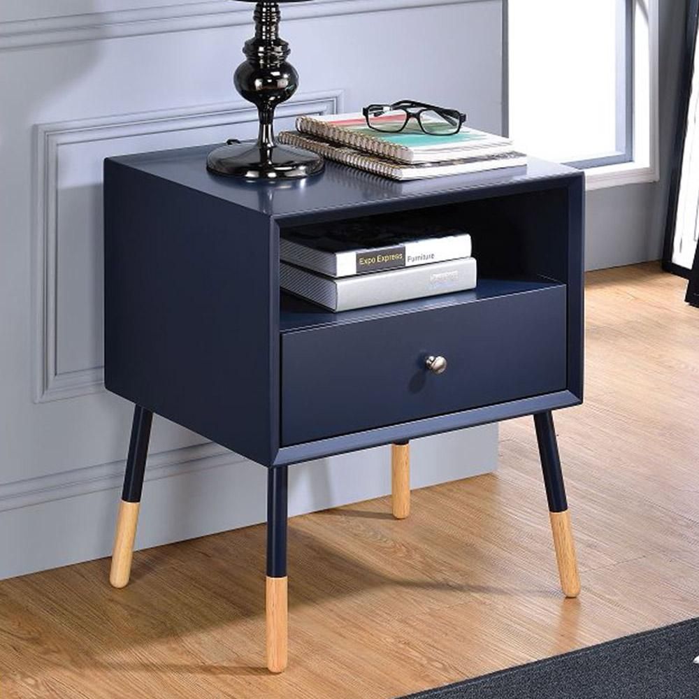 dark blue coloured bedside table for bedroom, wooden flooring, books placed on the table top, carpet on floor