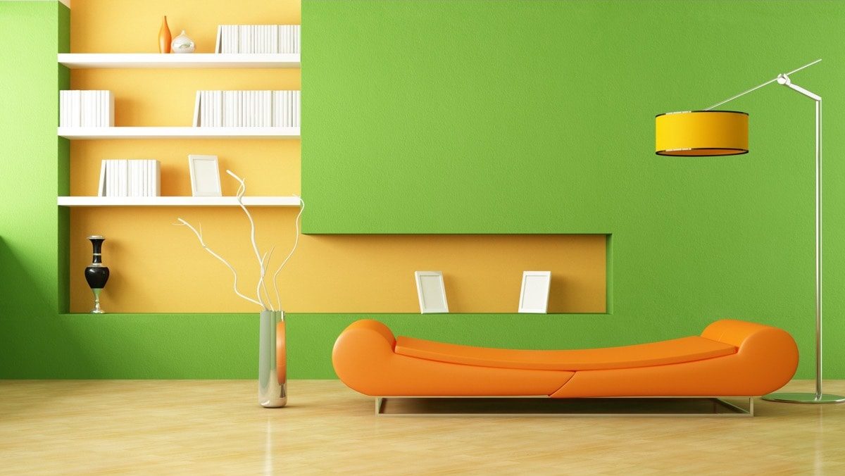 living room wall colour combo. Yellow, orange, green