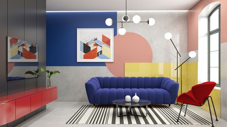 blue curvy sofa, living room with a splash of colours, decorative lights hanging above, black and white rug, wall decor with wallpaper