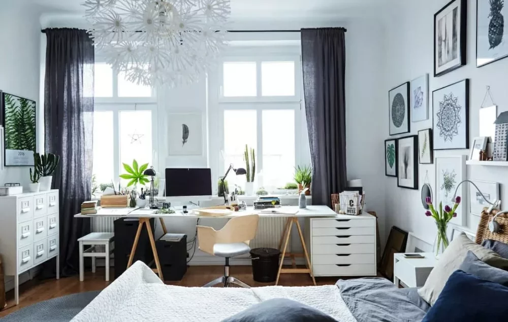 Scandinavian inspired study area in a bedroom in greys and blues