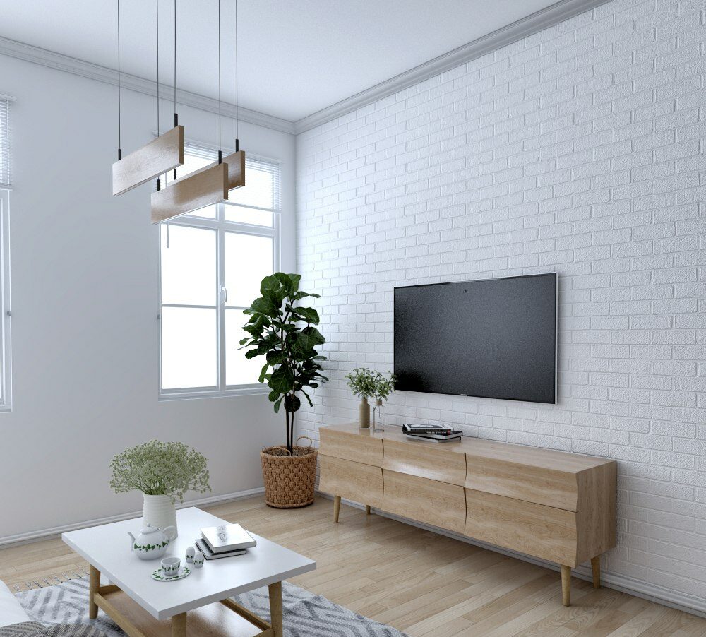 Scandinavian interiors, tv unit, tv. white wall, wood flooring, coffee table, rug, indoor plants