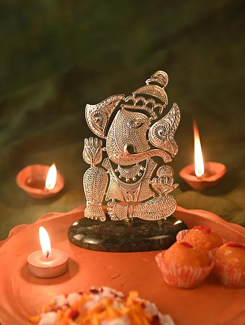 handcrafted filigree Ganapati on green marble, great decor for homes, earthen lamps 