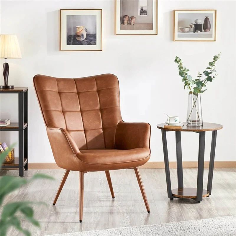 tan leather seat with sleek wooden legs, placed in a living room, indoor planter placed on table, table lamp 