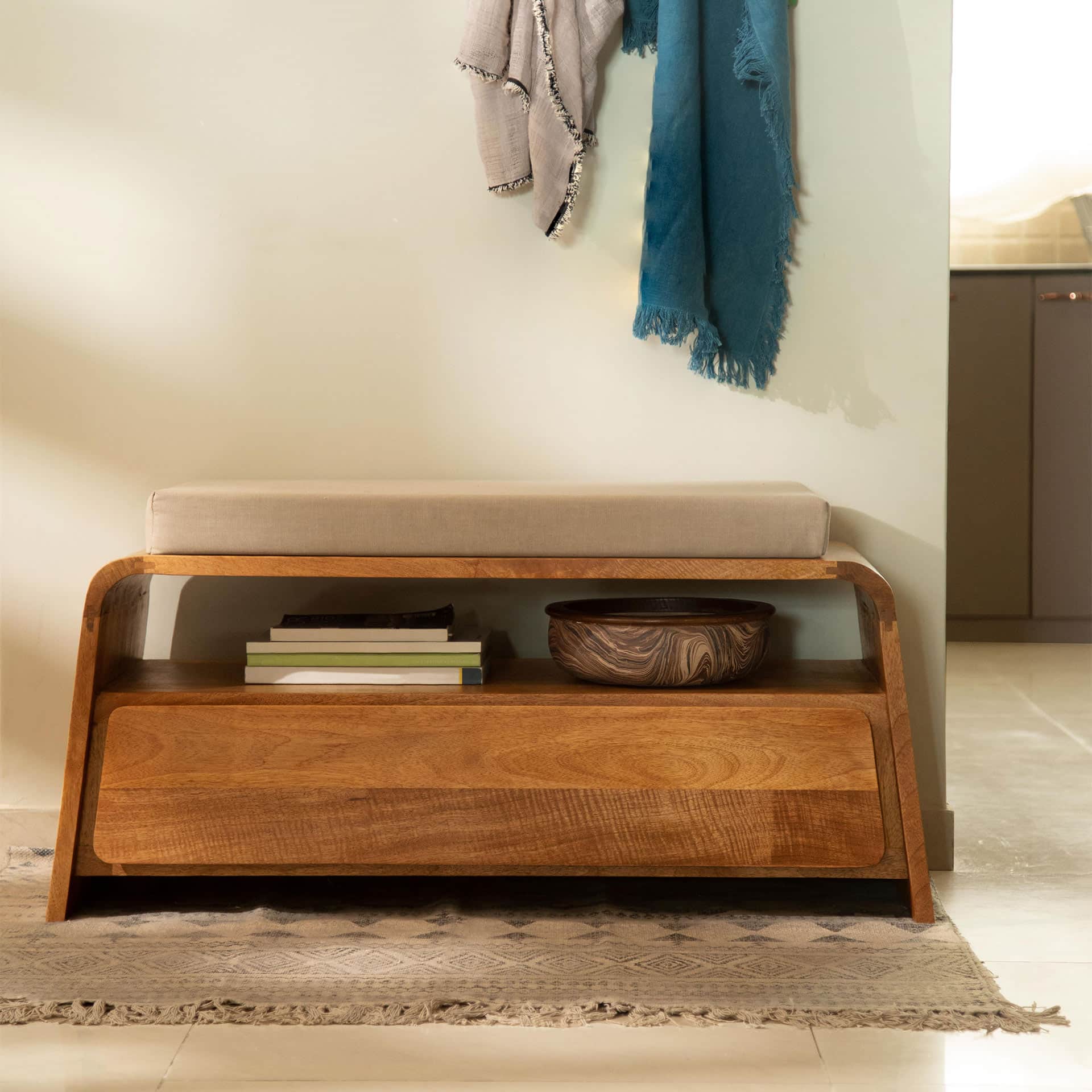 storage with seating for living room, bedroom, wooden shelf, placed on a rug