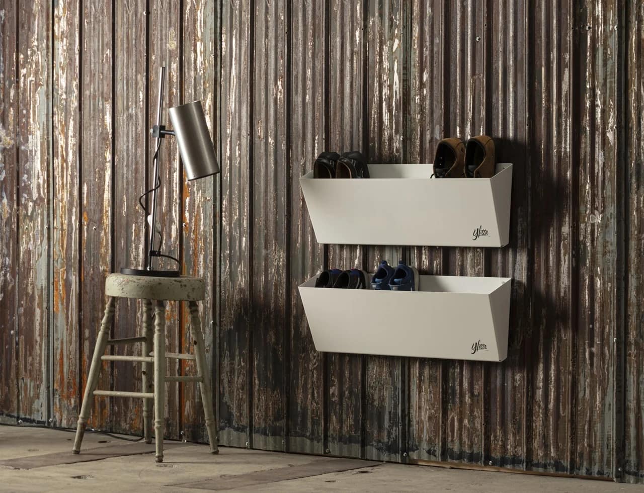 wall mounted footwear organiser, stool, lamp