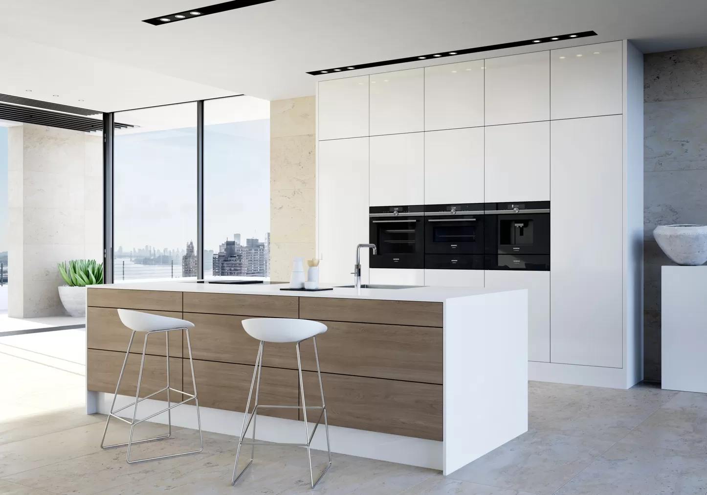 white kitchen with island, white chairs, black appliances, sink and window
