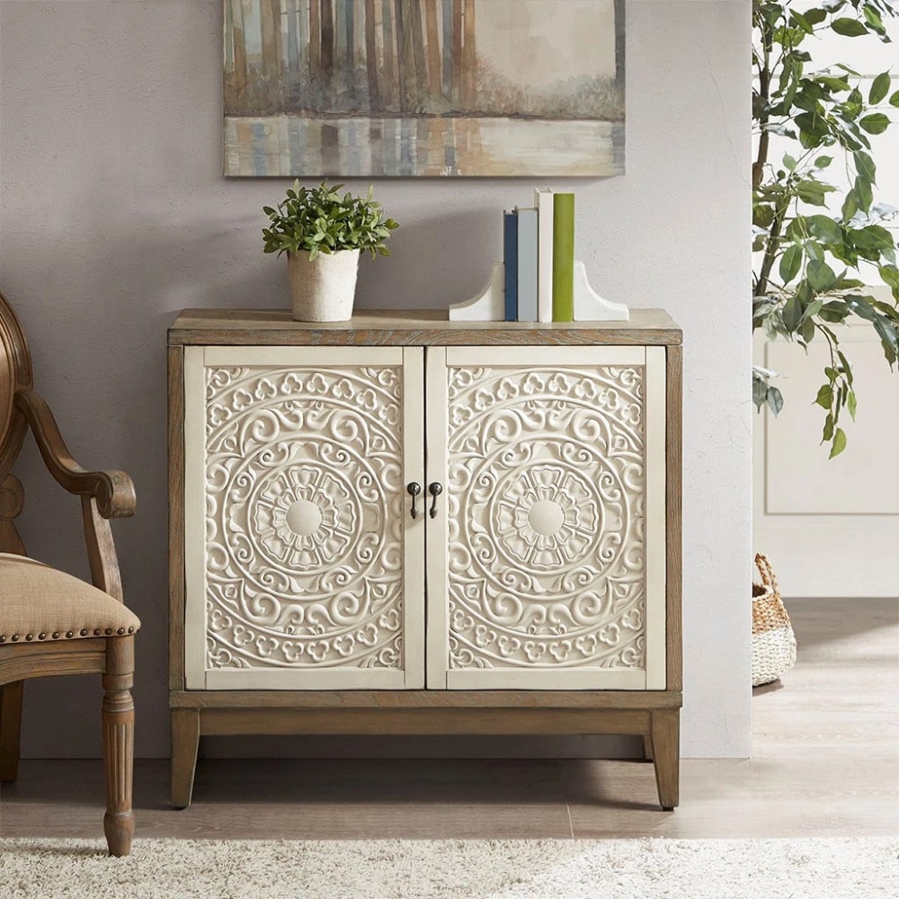 patterned beautiful accent chest, placed in hall, planter placed on table, rug on floor