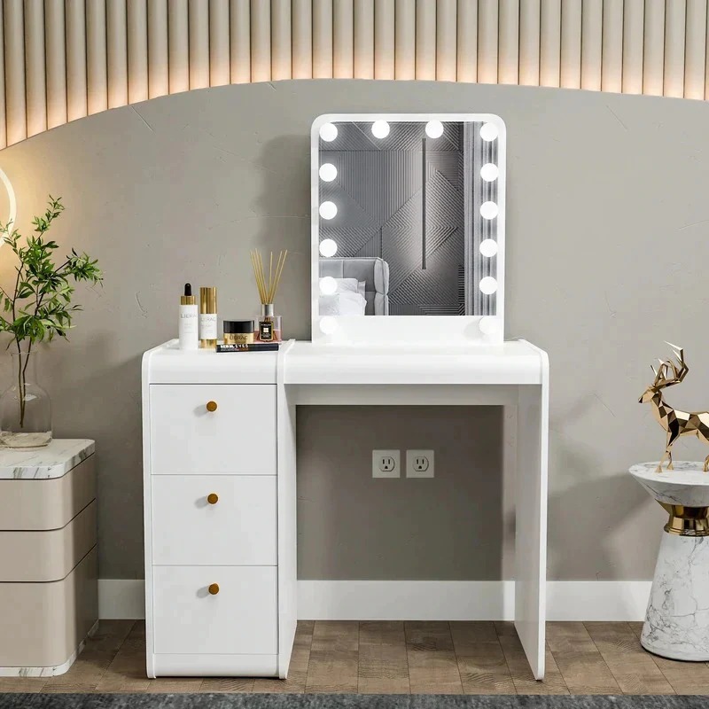 all white dressing table for bedroom, cosmetics placed on table, a planter placed on the side table
