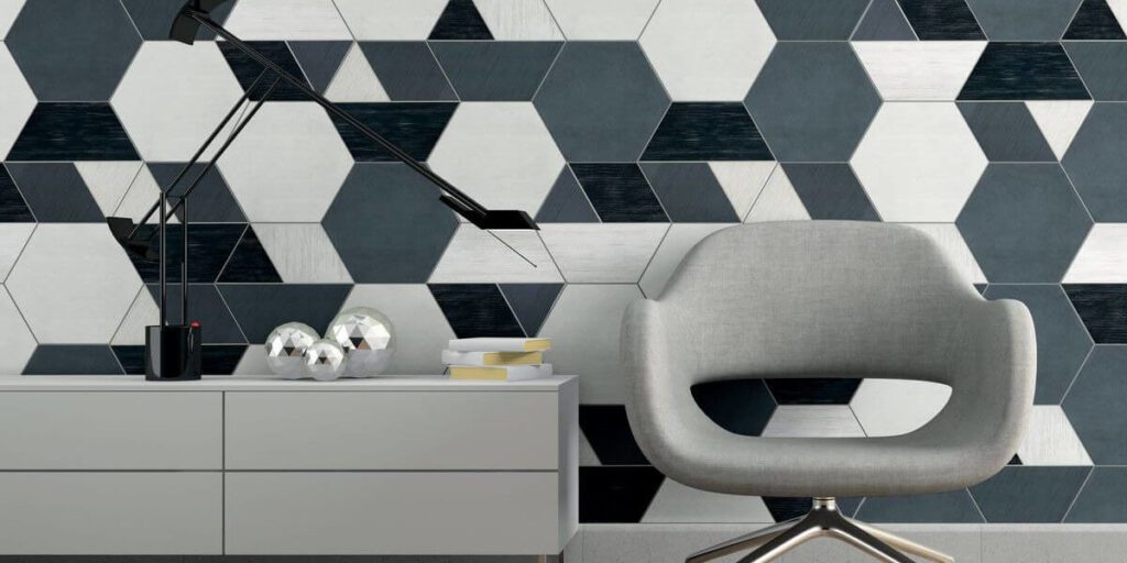 hexagonal shapes on the wall with a chair.
