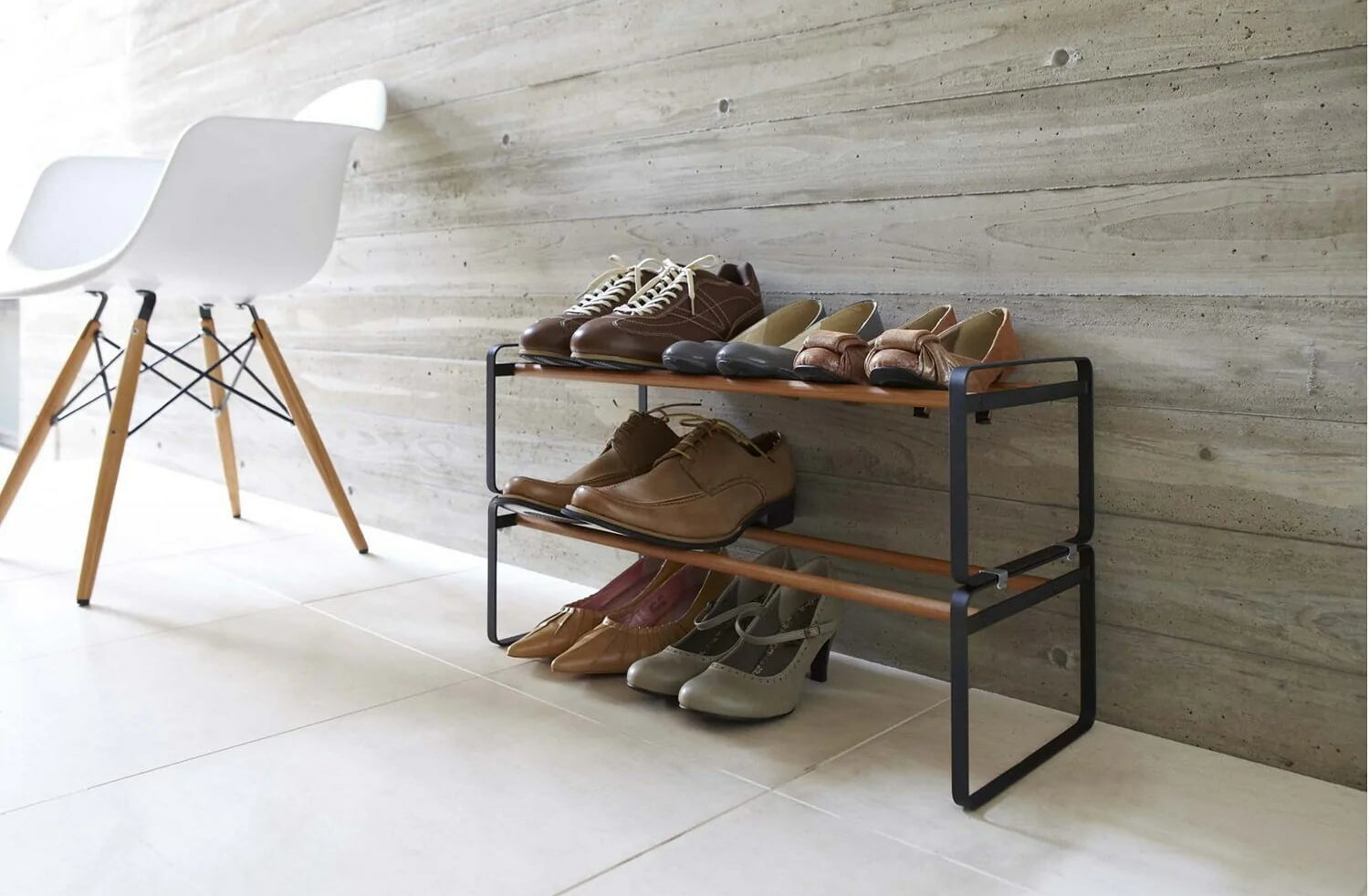 minimal shoe rack, metal, chair, storage