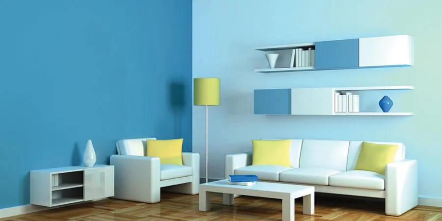 Living room in shades of blue. Light and dark blue