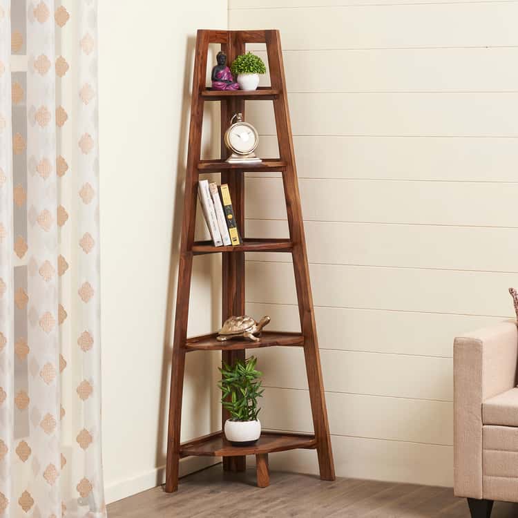 wooden corner book shelf, placed in bedroom, curtain, furniture storage