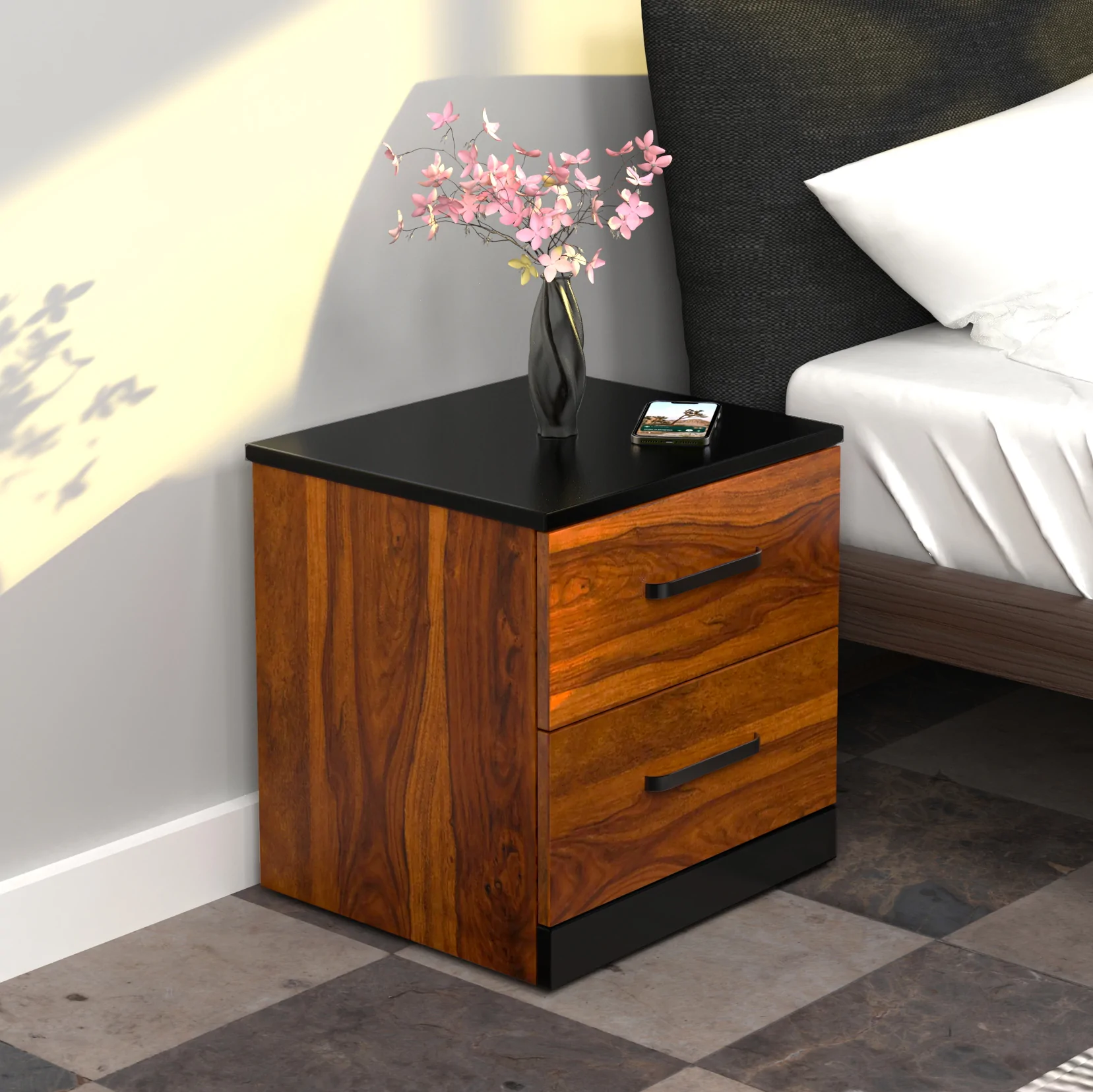 engineered wood side table placed in bedroom, flower vase placed on table, bed