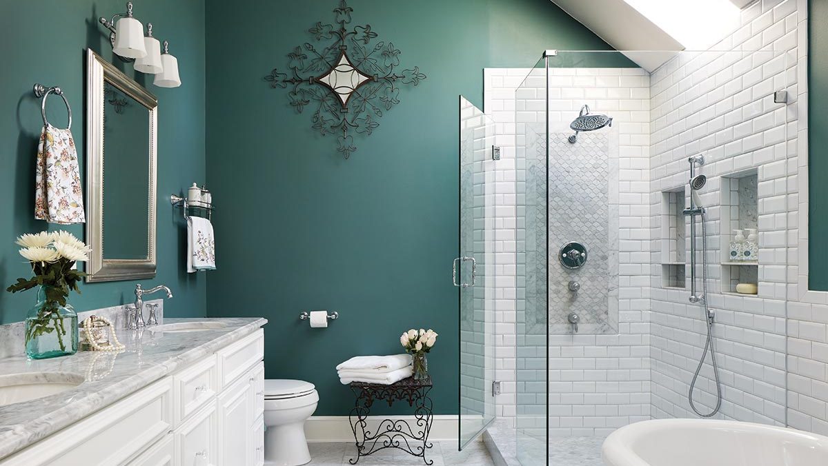 wall colour combo for bathrooms, turquoise, grey