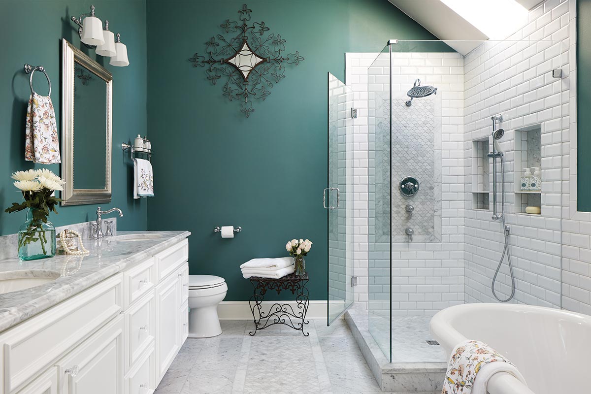 wall colour combo for bathrooms, turquoise, grey