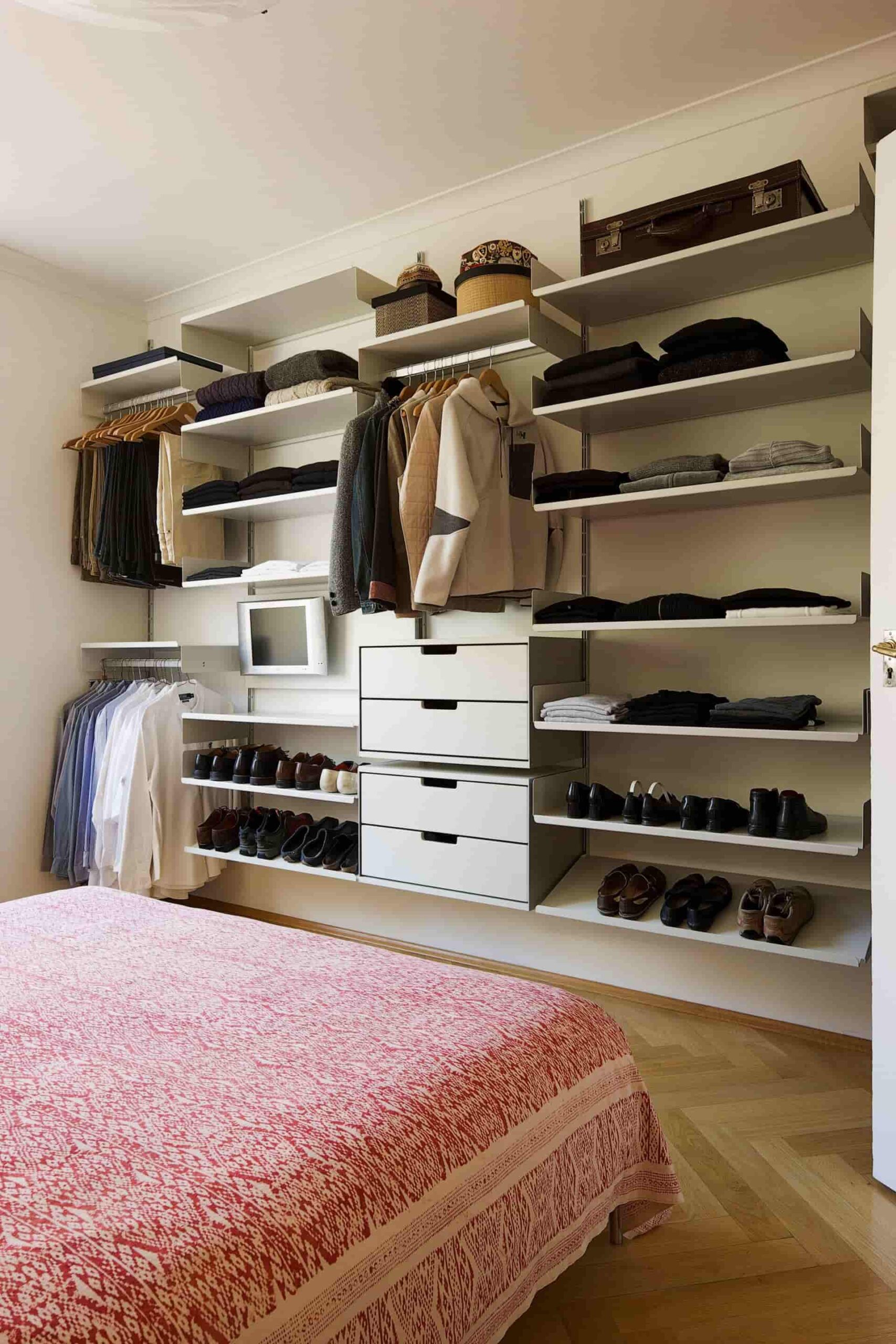 wall shelf for bedroom, for clothes storage, minimal bedroom