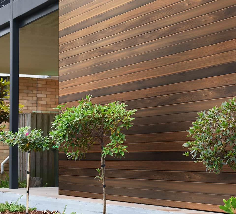A wooden exterior wall texture design with plants.