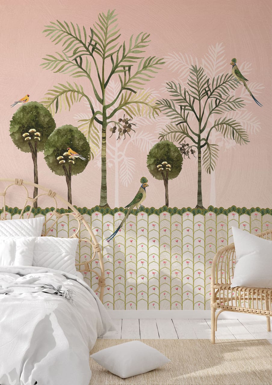 modern bedroom wallcovering with detailed foliage from miniature paintings, imaginary theme, design for kid's bedroom