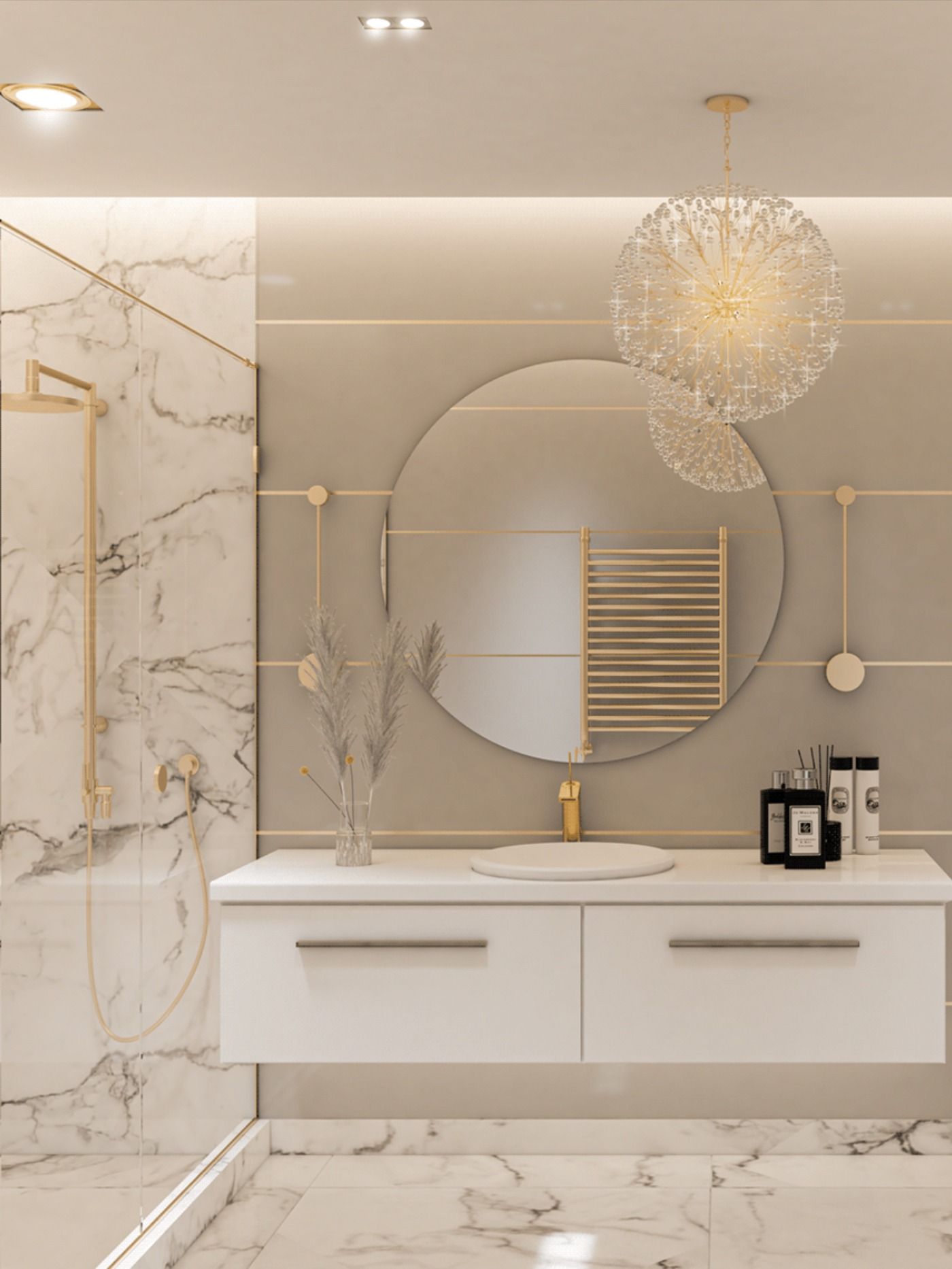 white washroom with white cabinets, mirror, washbasin, chandelier, and shower