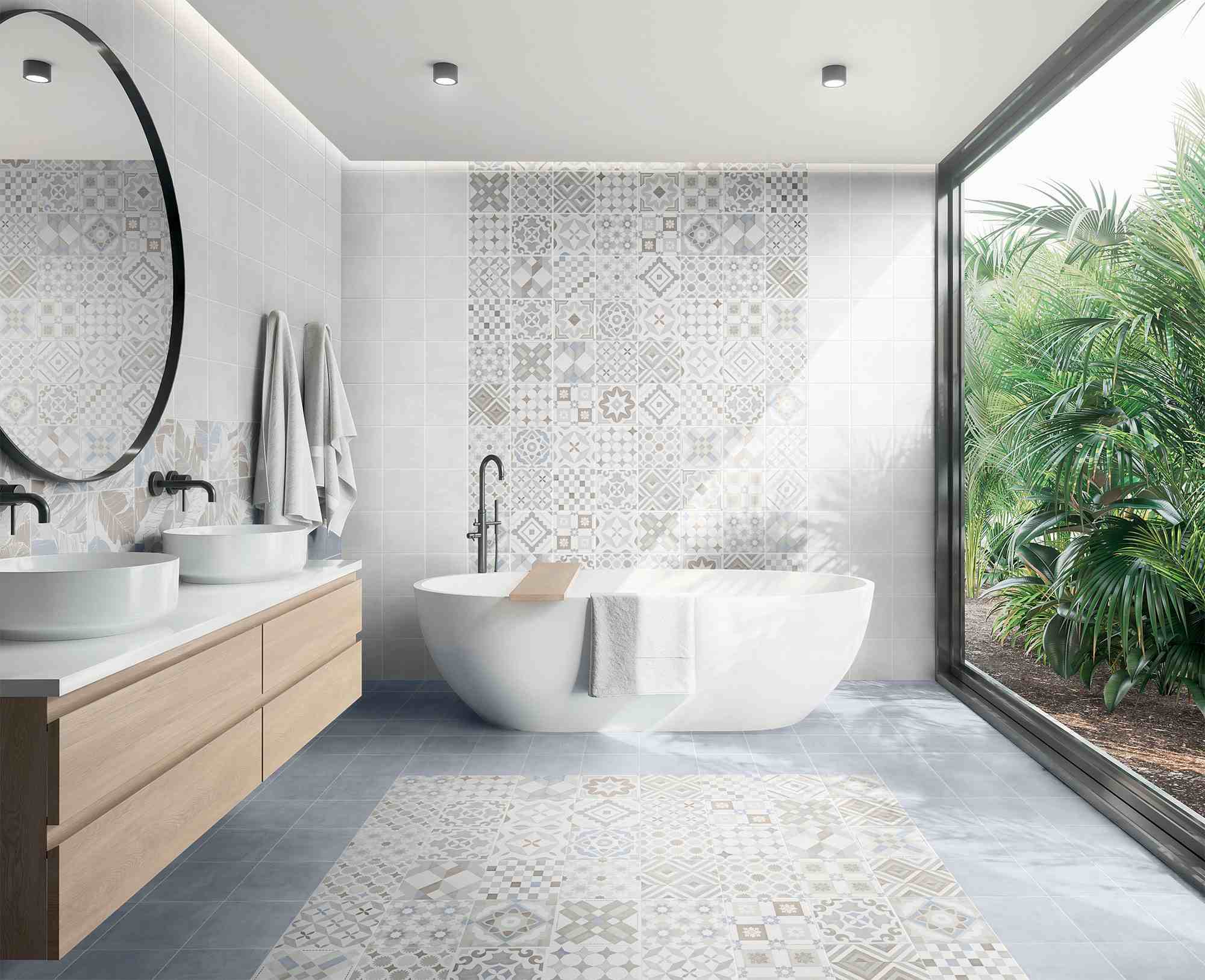 white bathroom with tiled floors, bathtub, washbasin, cabinets and a mirror, designer bathroom wall tiles ideas