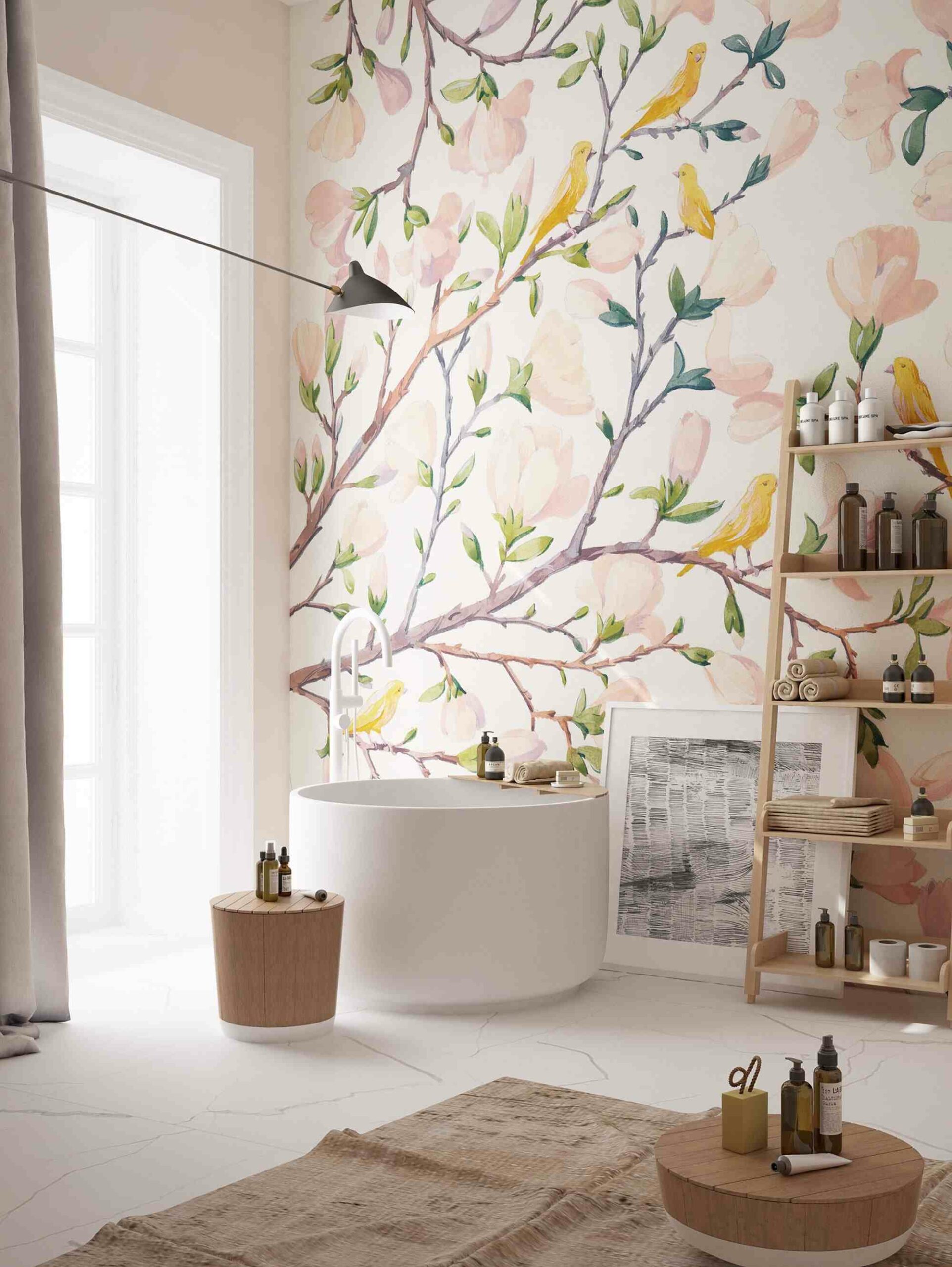 white bathtub, table, shelf, pretty floral wallpaper, rug and a painting