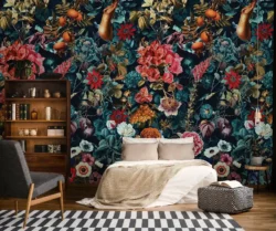 beautiful and bold floral printed wallpaper, adding essence of style and beauty to the bedroom