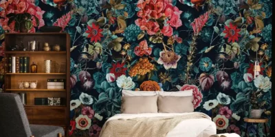 beautiful and bold floral printed wallpaper, adding essence of style and beauty to the bedroom