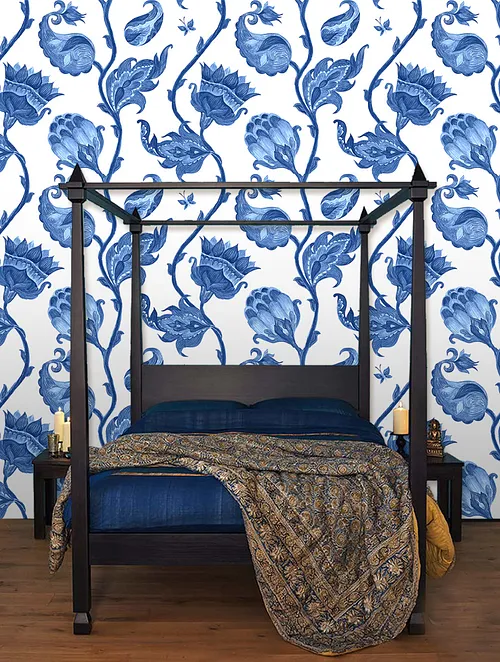 ethnic wallcover, Ultra Modern UV printed with eco-friendly dyes, blue and white design, bed