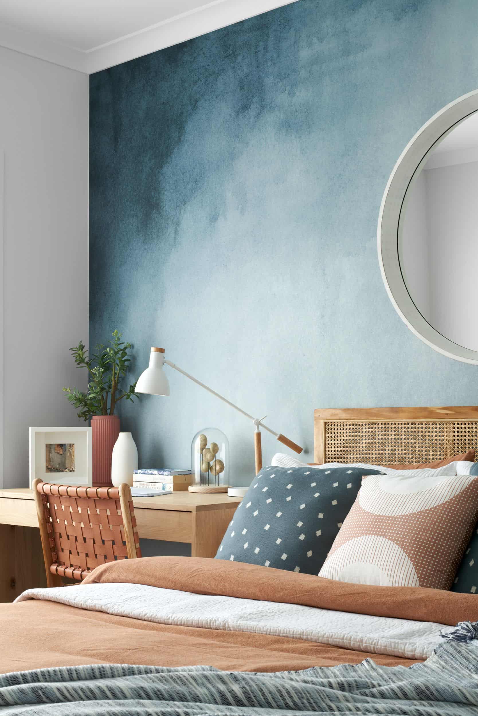 minimal and cosy blue coloured bedroom wallpaper design for wall, modern decor