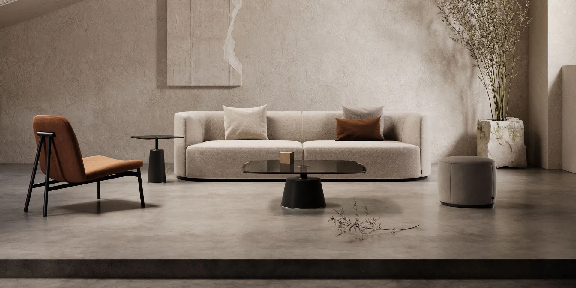 designer c-shaped classic sofa to add luxury into your living room, coffee table placed in the centre, rug