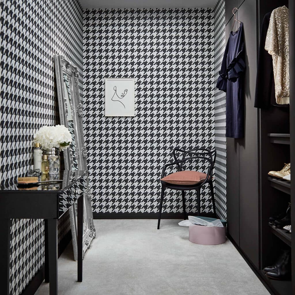 black and white wallpaper print, classy retro vibe, modern room decor
