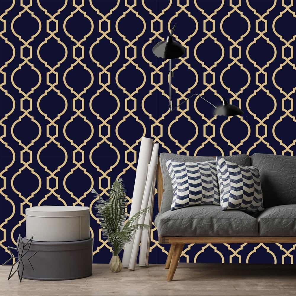 classic patterned wall decor for your space, blue coloured wallcovering with gold prints