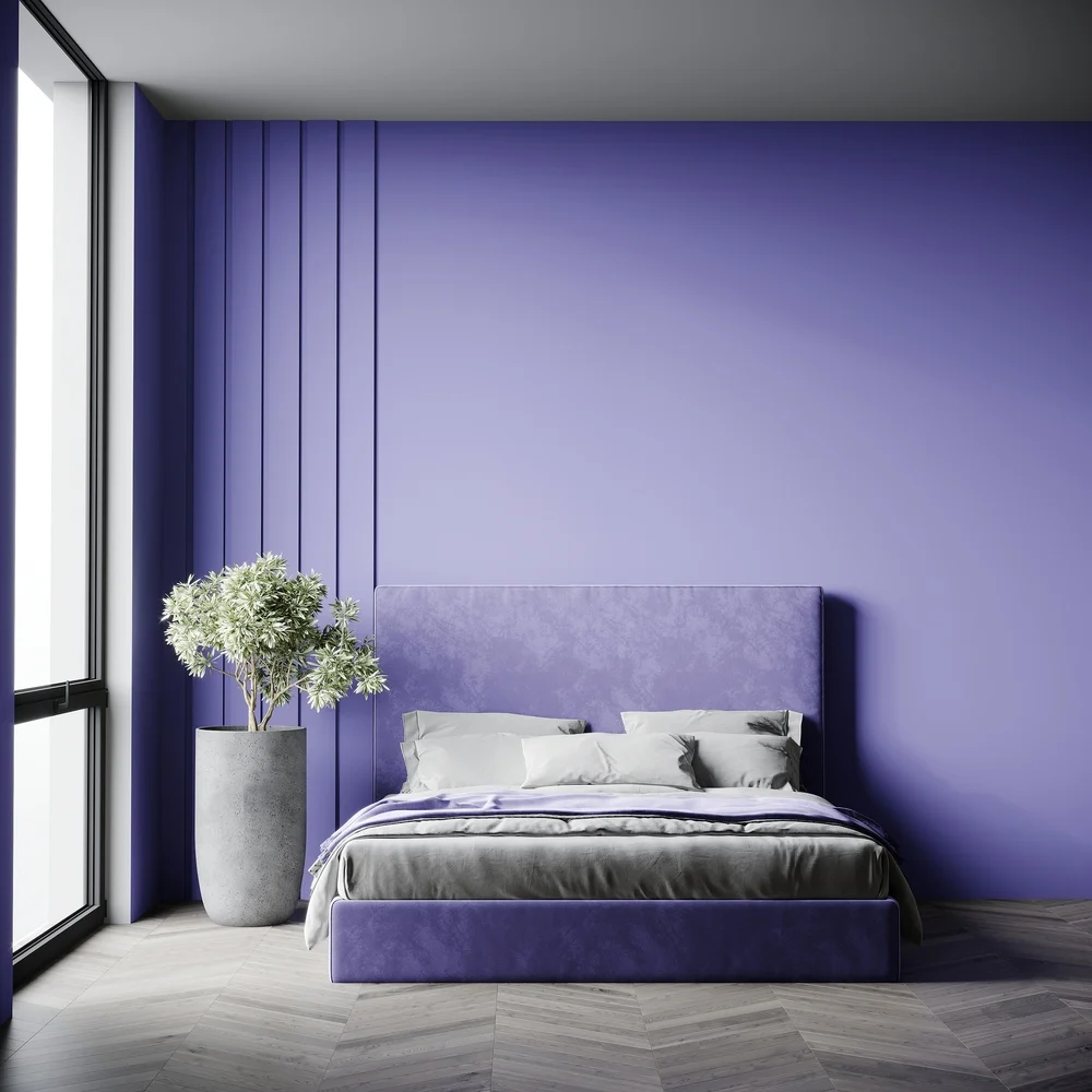 minimal room decor, classic colour scheme, lilac walls, grey flooring