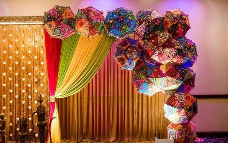 Colourful umbrellas for haldi decoration backdrop