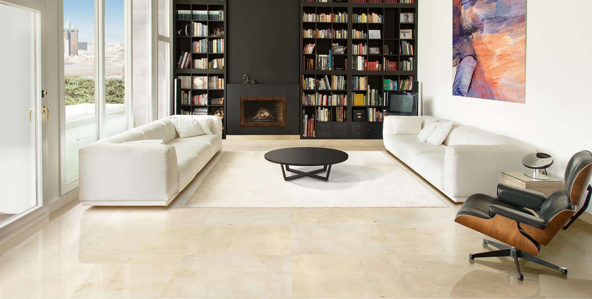 A library room with Crema Marfil flooring