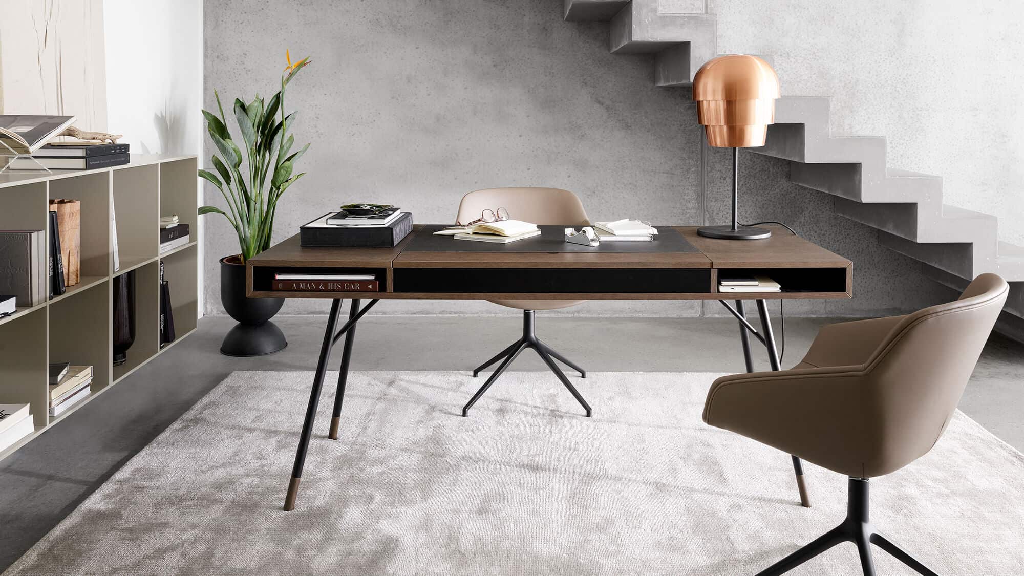 A slim table top, slender legs and a light design furniture piece, chair, plants, storage