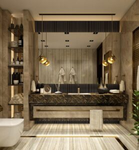 brown with white toilet, mirrors, hanging lights, with cabinets, shelves, and ceiling lights, and washbasin in a small designer bathroom idea