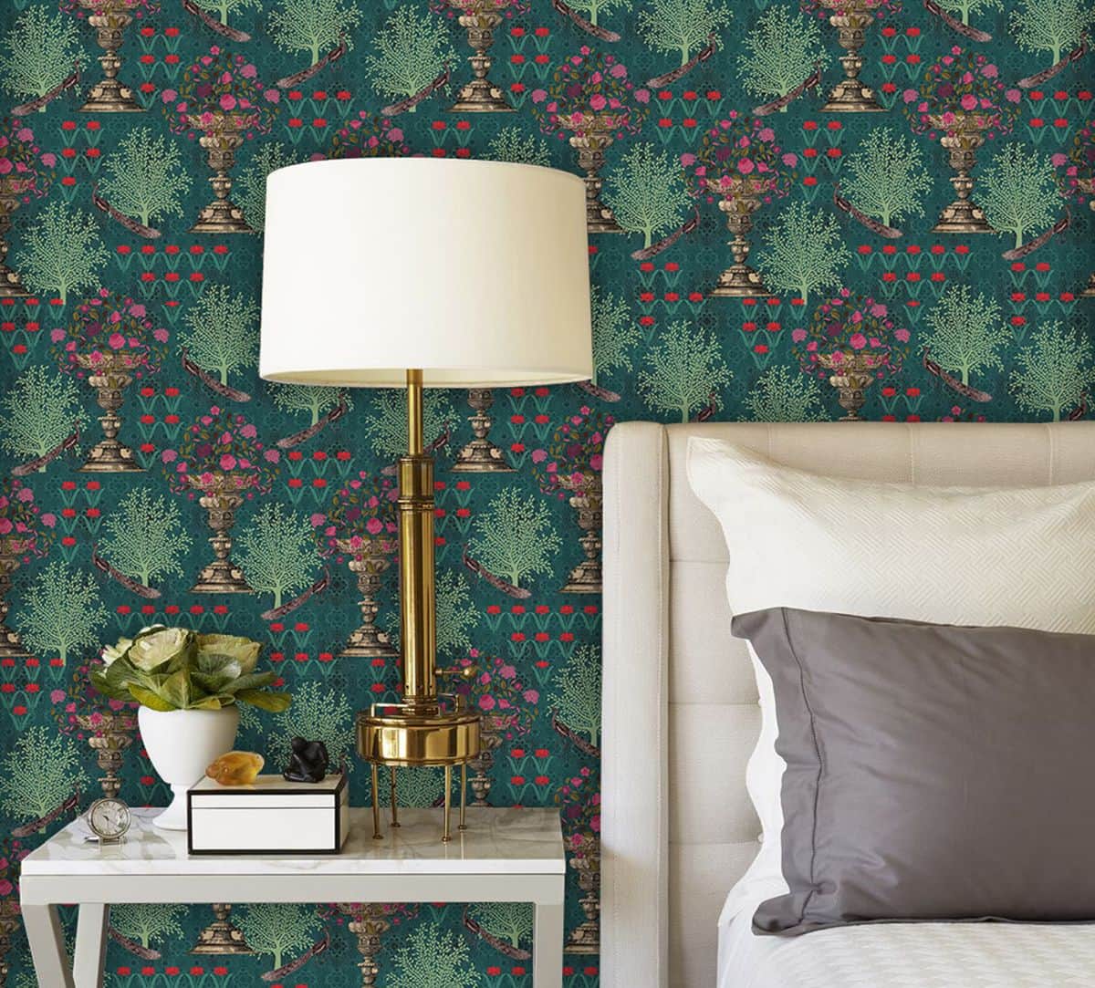 patterned backdrop overlaid with floral motifs and peacock prints, vibrant wallpaper with Indian appeal to your modern bedroom