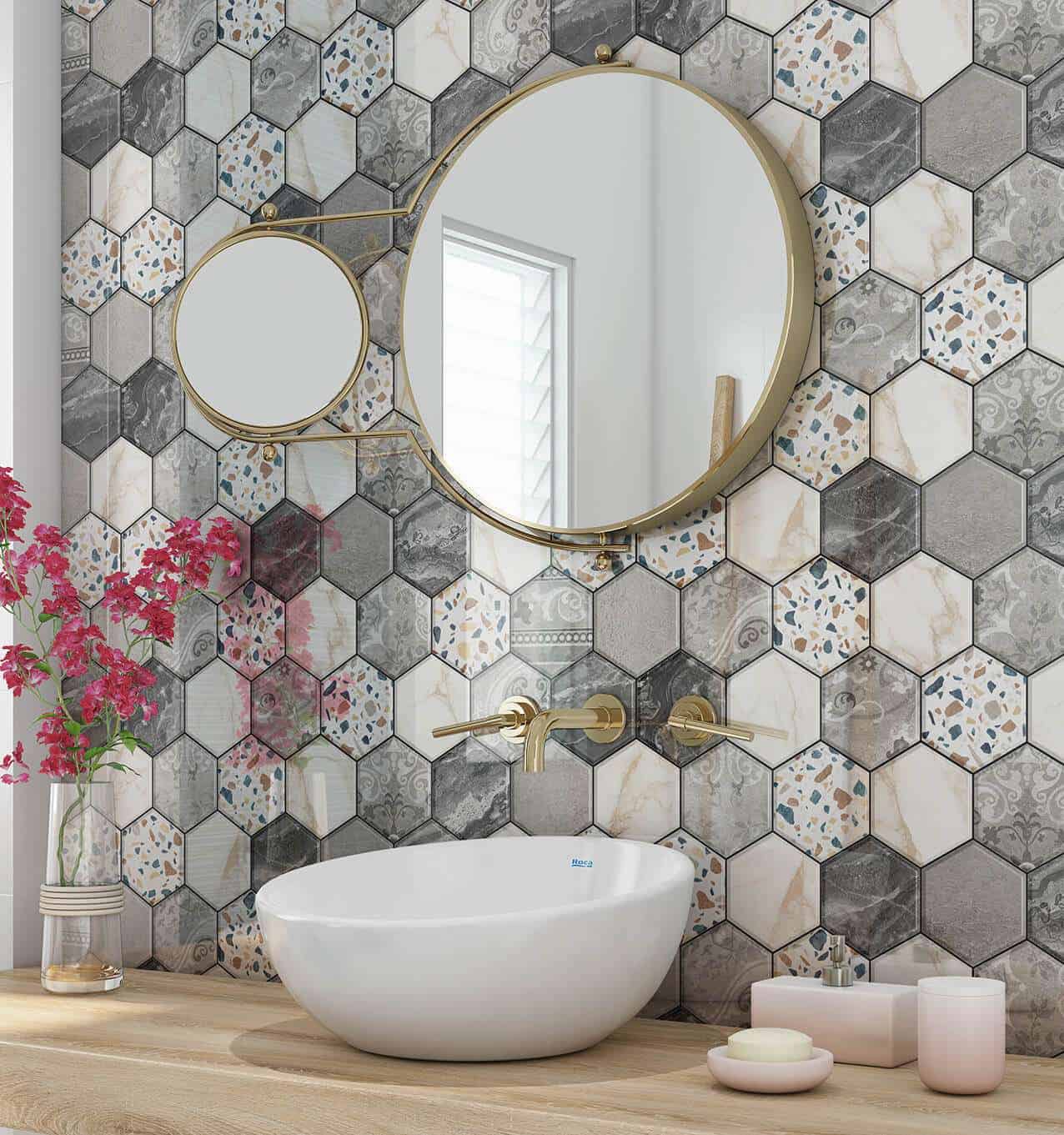 A modern washroom with hexagonal slabs